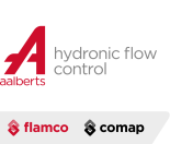 Das Bild zeigt ein rotes und graues Firmenlogo mit dem Text hydronic flow control