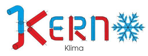 Logo von Kern Klima mit Schriftzug aus Rohren und blauer Schneeflocke