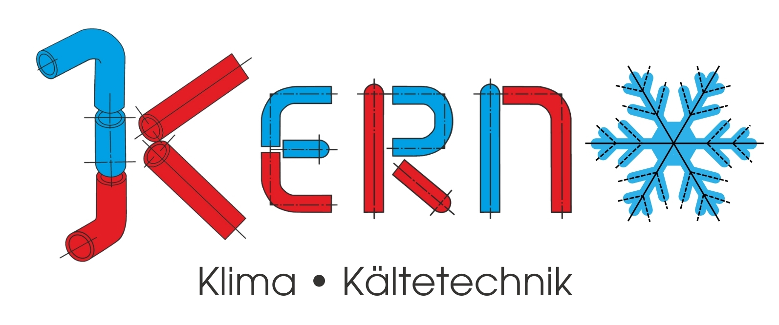 Logo von Kern Klima Kaeltetechnik mit Rohren als Buchstaben und Schneeflocke