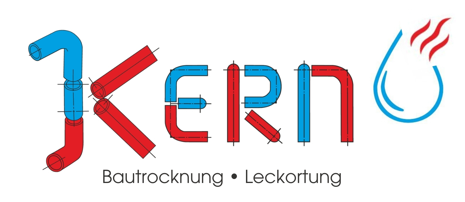 Logo der Firma Kern fuer Bautrocknung und Leckortung mit Rohren und Wassertropfen